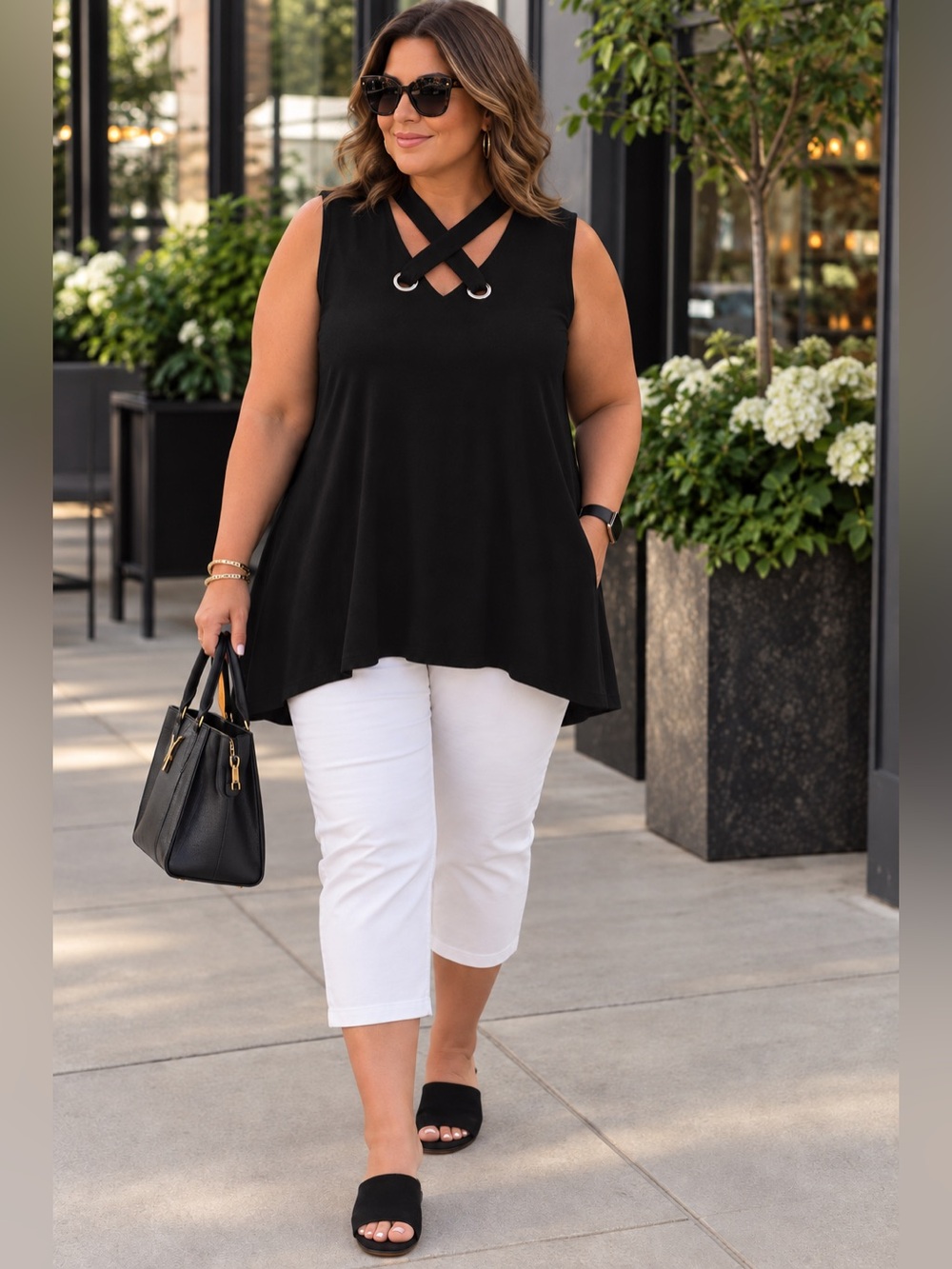 Cable & Gauge Black Sleeveless Crisscross Ring Tunic Top